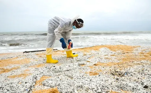 A worker wears white protective gear while bending down on a beach
