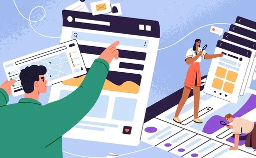 Illustration of people doing research on the internet