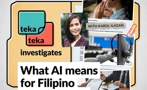 ‘Teka Teka’ Podcast: What AI Means for Filipino BPO Workers. Image collage of customer service workers and gear such as headsets and computers.