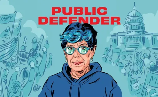 Illustration of a woman with blue hair, blue glasses and blue sweatshirt. In the background scenes of protesters with trump flags in front of the capitol building.