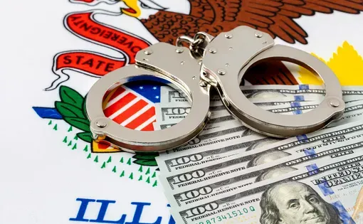 Handcuffs with cash money and Illinois state flag. Cash bail reform, bail bond and cashless bail concept. Image by J.J. Gouin/Shutterstock.