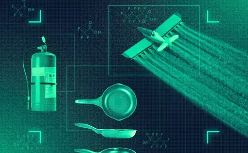 Illustration: An airplane leaves a trail of vapor, different angles of a frying pan, and a canister of fire extinguisher are displayed as examples of sources of PFAS chemical pollutants.