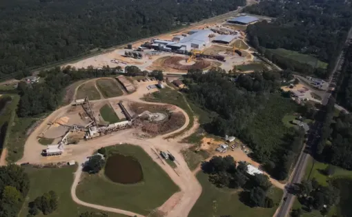 Overhead view of Drax’s wood pellet plant in Gloster