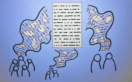Three groups of icons representing people have shapes travelling between them and a page in the middle of the image. The page is a simple rectangle with straight lines representing data. The shapes traveling towards the page are irregular and in squiggly bands.