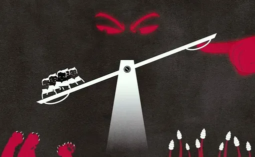 Illustration of scale and people, signifying manipulation