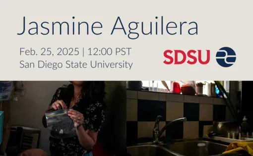 Blue text on top of beige background with Pulitzer and San Diego State University logos and two reporting images