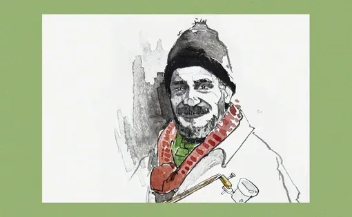 sketch of an older, bearded man wearing a scarf, hat, and coat.