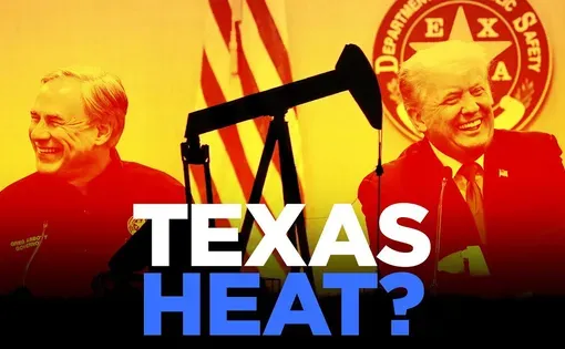 Graphic with images of Greg Abbott, Donald Trump, and oil rig with text "Texas Heat?" Thumbnail from video "How Texas Oil Workers, Technology Are Helping Build a New Renewable Boom"