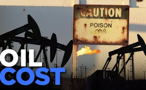 oil drill and caution sign with words "oil cost"; thumbnail for "Texans Grapple With Rising Toxic Pollution As Oil, Gas Production Booms" video