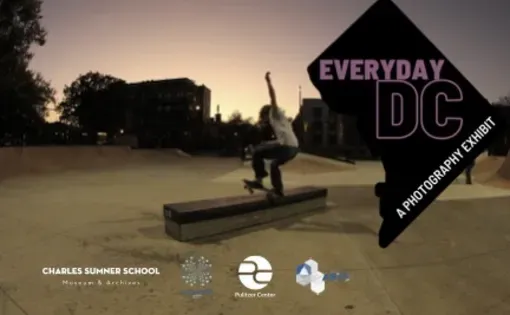 A student rides a skateboard in a skate park in D.C. at sunset.