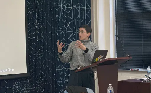 Journalist Lydia Emmanouilidou speaks to students at University of Wisconsin–Madison.
