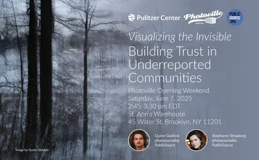 Event title overlayed on black and white image of trees &amp; pollution