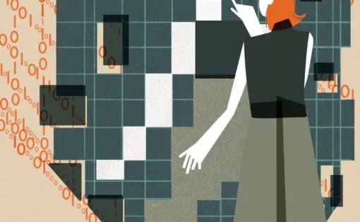 This image shows an individual with orange hair interacting with a large, abstract digital mirrored structure. The structure is composed of squares in varying shades of green, orange, white, and black which are pieced together to reflect the individual’s figure. The figure's hand is extended as if pointing to or interacting with the mirrored structure. Behind the  structure are streams of binary code (0s and 1s) in orange, flowing towards the digital grid.