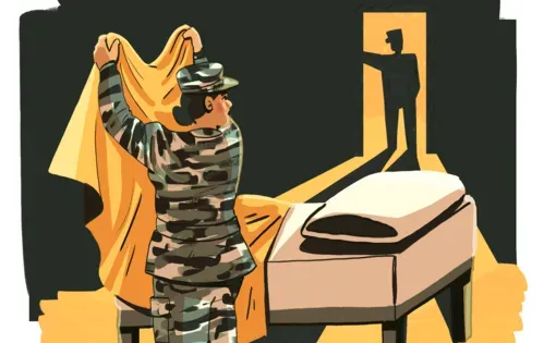illustration of military woman with man standing in doorway