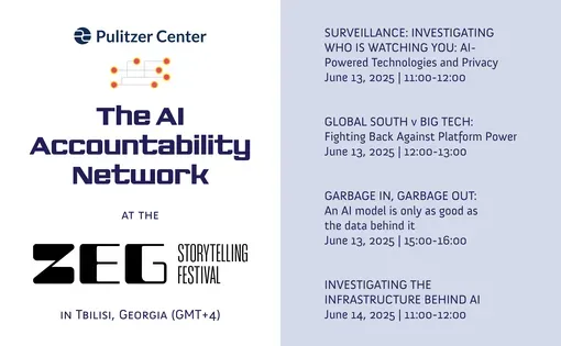 Zeg Fest flyer with logos for AI accountability network, ZEG fest, Pulitzer Center