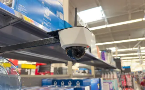 Small CCTV camera mounted on top of a shelf