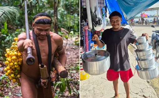 Korubo Indigenous man Xuxu, left, shortly after contact and, right, showing pots purchased at a riverfront shop in Tabatinga.