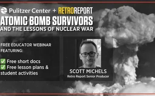 Youtube thumbnail: Atomic Bomb Survivors and the lessons of nuclear war. Text overlays a black and white image of a nuclear bomb mushroom cloud.