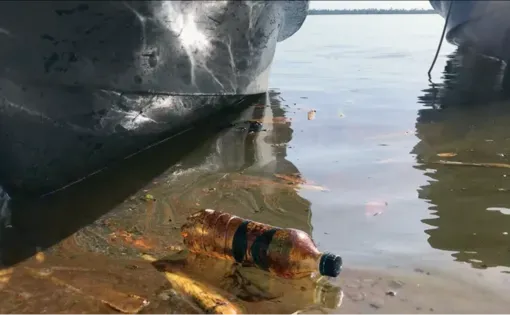 Trash floating in water