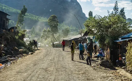 Lalibela, Ethiopia - Feb 12, 2020: Ethiopian people seen on the road from Lalibela to Gheralta, Tigray in Northern Ethiopia, Africa