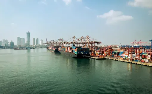 Colombo, Sri Lanka - February 22, 2025: Port of Colombo, a major commercial shipping hub on the west coast of Sri Lanka.