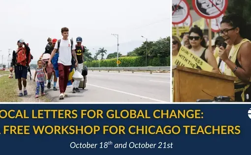 Two image collage: in one, a family with young children and teenagers walks down a highway. In the right hand image, a young woman speaks at a podium at a protest.