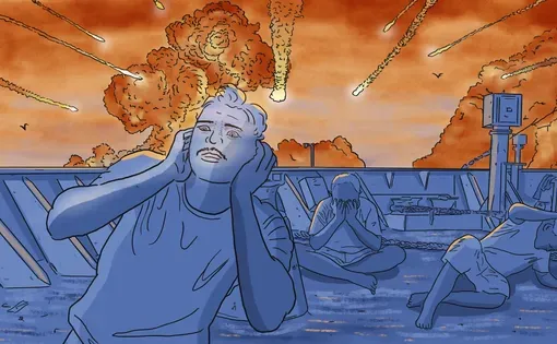 A seafarer covers his ears from the sound of explosions overhead in this illustration photo. When bombs exploded around stranded ships in warzones such as Yemen, seafarers like Rahul feared for their lives