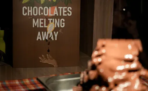 Chocolates melt in a tray on a display table in front of a poster that reads "Chocolates Melting Away" with Pulitzer Center and other partner logos