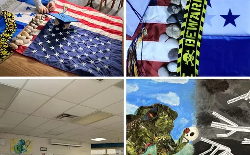 Four-photo collage. first photo: a girl places stones between the american flag and another flag with blue and white stripes and blue stars. Second photo: the same flags, with the stones attached and a yellow and black 'beware' caution tape attached. third photo: students look at a projection of artwork in a classroom. fourth photo: an artwork featuring a silhouette of a woman with butterflies and plants placing a flower inside a skull.