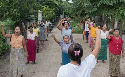 Residents of Yay Kyi Pin village, near the Yang Tse mining site in Sagaing Region’s Yinmabin Township, protest against the military regime on August 13, 2024. (Myo Satt Hla Thaw)
