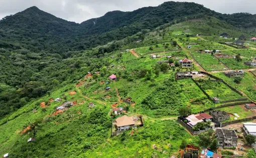 An aerial view of constructions near Tacugama Chimpanzee Sanctuary in Western Area Peninsula National Park, Sierra Leone, Friday, July 4, 2025. (AP Photo/Misper Apawu)
