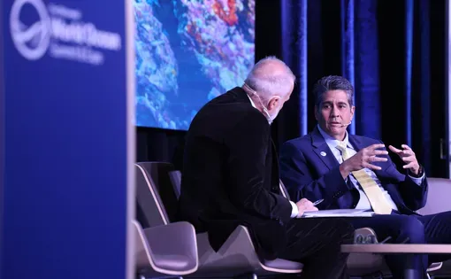 President of Palau Surangel Whipps Jr. talks to Charles Goddard of the Economist about the role of technology in enforcing the High Seas Treaty. Image by Bianca Otero. Canada, 2026.