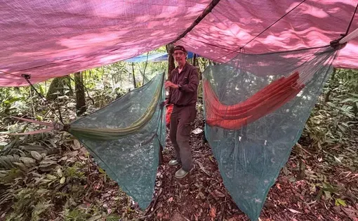 Leão Serva termina de montar sua rede (com mosquiteiro) no acampamento próximo à área do Poção (no igarapé São Benedito), onde fica acampamento temporário dos Isolados de Mamoriá Grande… - Veja mais em https://tab.uol.com.br/noticias/redacao/2026/04/19/dormir-na-selva-permite-ver-o-escuro-absoluto.htm?cmpid=copiaecola