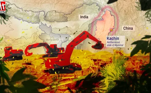 An illistration shows mining machinery over a map of Myanmar, India, and China