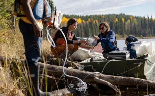 Francis Nuamah, left to right, Jessie Wilson and Chelsea Rochman collect samples of microplastics along the shoreline, Oct. 2, 2025, at the Experimental Lakes Area, a research station in northwestern Ontario, Canada. Image by Brian Cassella/Chicago Tribune.