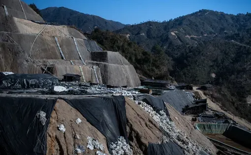 A rare earth mining site, seen here in January 2026, near the town of Hpare in territory controlled by the Kachin Independence Organization near the border with China.