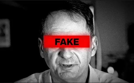 picture of a man on a video call, his eyes covered with a red box that has the words 'FAKE'