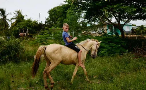 A boy rides a horse