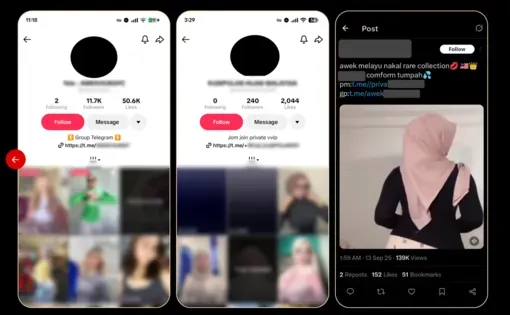 Samples of TikTok &amp; X accounts using images stolen from others and reposting them in suggestive terms. Telegram links are embedded in the account’s link in bio or post.