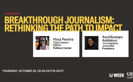 Event flyer text: Breakthrough journalism, rethinking the path to impact with speakers Flora Pereira and AnuOluwapu Adelakun, Thursday October 29. More details in main blog post.