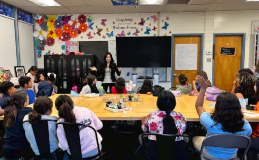 Caden Choi is invited by Team Kids to facilitate a session with 4th and 5th graders in Tustin, California on the foundations of storytelling and photojournalism. Image by Marisol Flores. United States, 2025.