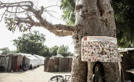 A sign at a refugee camp in northern Nigeria showing people wanted on suspicion of being Boko Haram members. Image by Glenna Gordon. Nigeria, 2017.