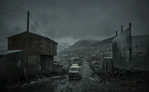 Wet snow immediately melts as it touches the ground, contributing to the muddy squalor at La Rinconada mine. Peru, 2019. Image by James Whitlow Delano.