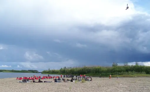 John Quigley got the last of the volunteers in place at the Gwich'in demonstration before the chopper arrived to photograph the human artwork.