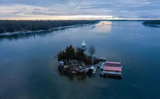 Dollar Island at Les Cheneaux Islands on Lake Huron in the Upper Peninsula of Michigan on Nov. 20, 2019. Kenneth Kloster Sr., also known as " Captain Ken," bought the island in 1981 right before the record-setting high water levels of 1986. Image by Zbigniew Bzdak / Chicago Tribune. United States, 2020.