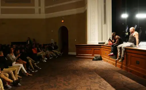 Guillaume Saladin and Yamoussa Bangoura talk to a group of students from three different high schools at Theodore Roosevelt High School in Washington, DC. Image by Meerabelle Jesuthasan. USA, 2019.