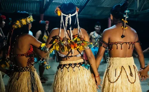 Members of the Munduruku village gather to bless the Brazil nut harvest. Image by Sam Eaton. Brazil, 2018.