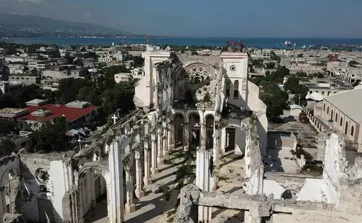 The Notre-Dame Cathedral in Port-au-Prince remains in ruins 10 years after the earthquake. Image by Jean Marc Hervé Abélard / Miami Herald. Haiti, 2019.