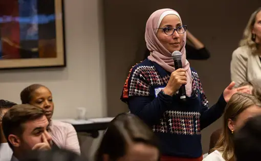 Shirin Alhroob (Forsyth Technical Community College) poses a question during an audience Q&amp;A session for Day One of Washington Weekend. Image by Claire Seaton. United States, 2019.