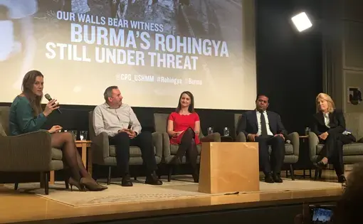 From left to right, Naomi Kikoler, Greg Constantine, Olivia Enos, Tun Khin, and Greta Van Susteren discuss the Rohingya refugee crisis. Image by Karena Phan. United States, 2018.